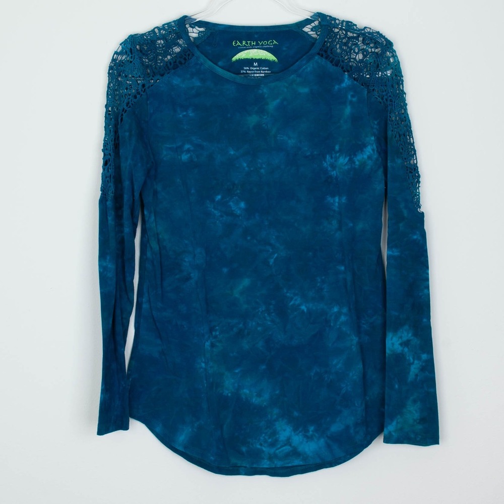 Earth Yoga Teal Blue Tie Dye Lace Long Sleeve Top Womens Size M‎ Sustainable